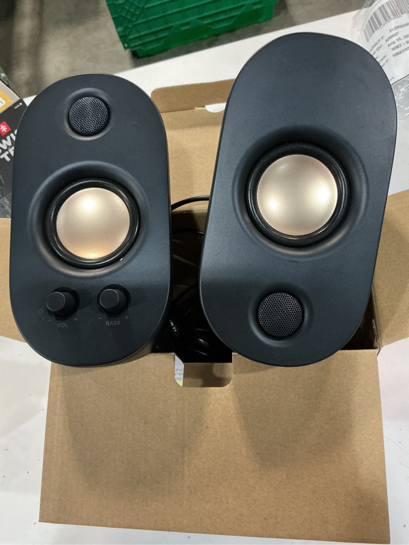 Condition photo showing Good Condition for onn ac powered computer speakers with volume and bass controls, 7.32" height