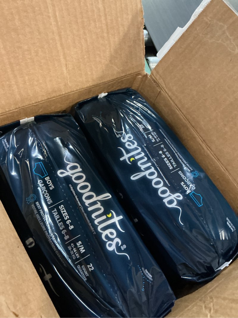 Condition photo showing New/Like New for goodnites boys' nighttime bedwetting underwear, size s/m (43-68 lbs), 44 ct (2 packs of 22), packaging may vary small/medium 44