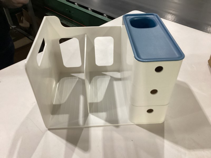 Condition photo showing New/Like New for White Plastic Desktop Organizer with File Holder,3-tier Drawers with Pen Holder,Book Stand for Office Supplies and Desk Accessories (White+Blue)