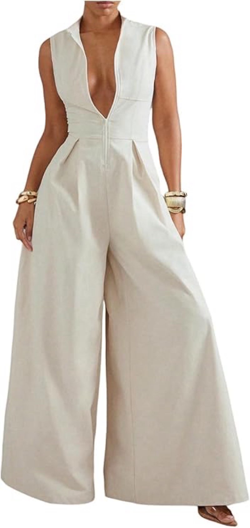 Verdusa Women's Zip Up Wide Leg Jumpsuits Sleeveless One Piece Jumpsuit Formal Dressy Casual Spring Outfits
