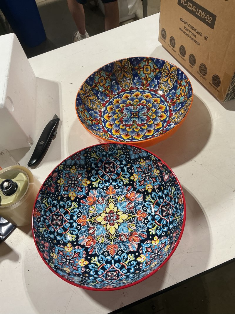 Condition photo showing Good Condition for vancasso large serving bowls, 78 oz extra large salad bowls set of 2, bohemian decorative bowls for salad, fruit, pasta and dinner, serving dishes set for party, dishwasher & microwave safe?red