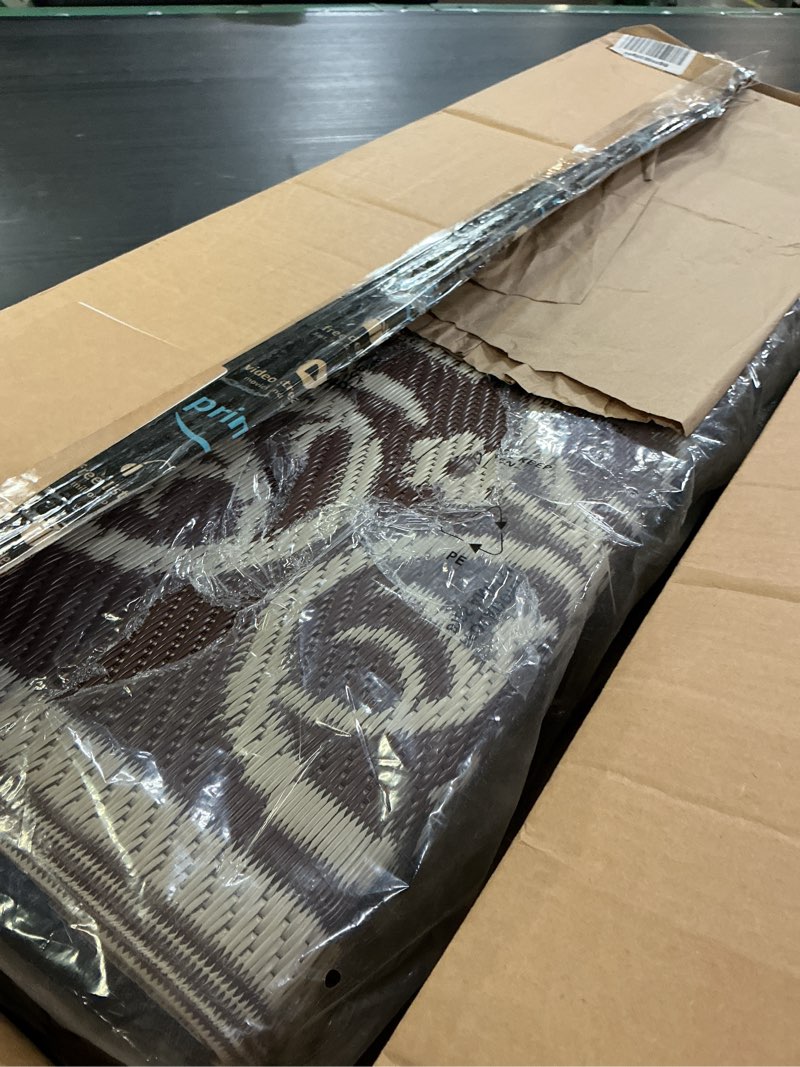 Condition photo showing Good Condition for bsmathom waterproof outdoor rug, 5'x8', black | reversible, boho plastic straw, portable rv mat, for patio, deck, camping, porch, balcony, backyard, beach, pool flower black gold 5 x 8 feet