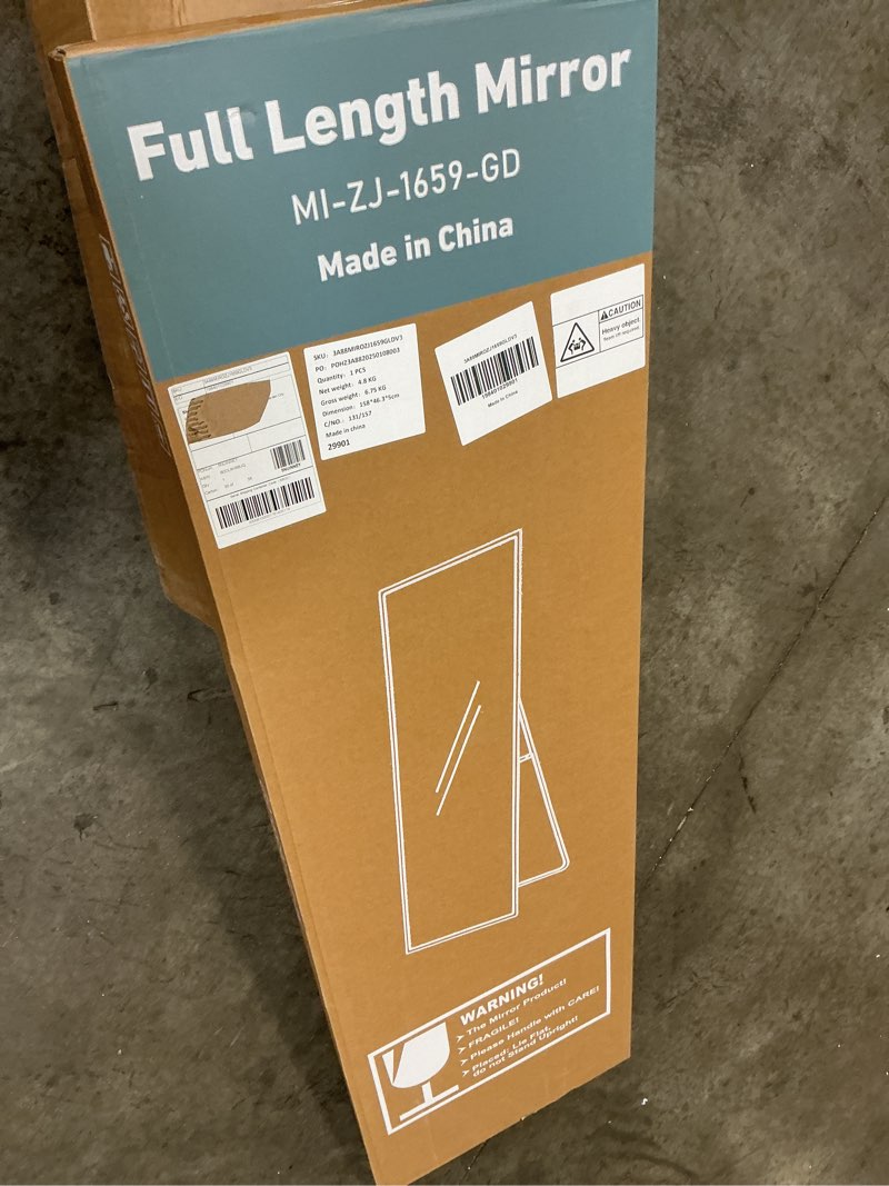 Condition photo showing New/Like New for Aluminum Frame Large Mirror, 59"x16" Full Length Mirror with Stand, Free Standing Leaning Mirror Hanging Mounted Mirror for Bathroom Living Room, Gold