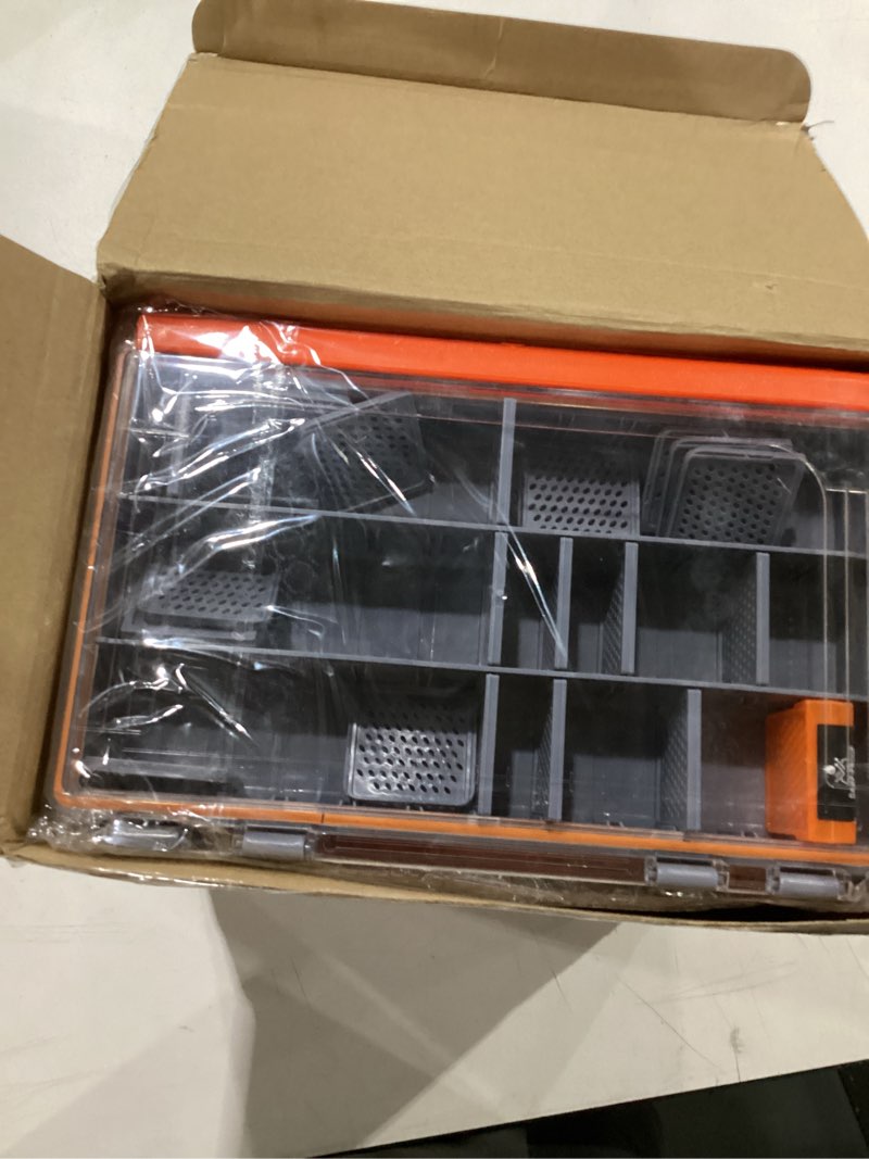 Condition photo showing New/Like New for junkin 6 pack 3600 fishing tackle boxes waterproof, high-vis orange lure organizer trays with removable dividers, airtight bait storage case for bass fishing backpacks & kayak gear accessories