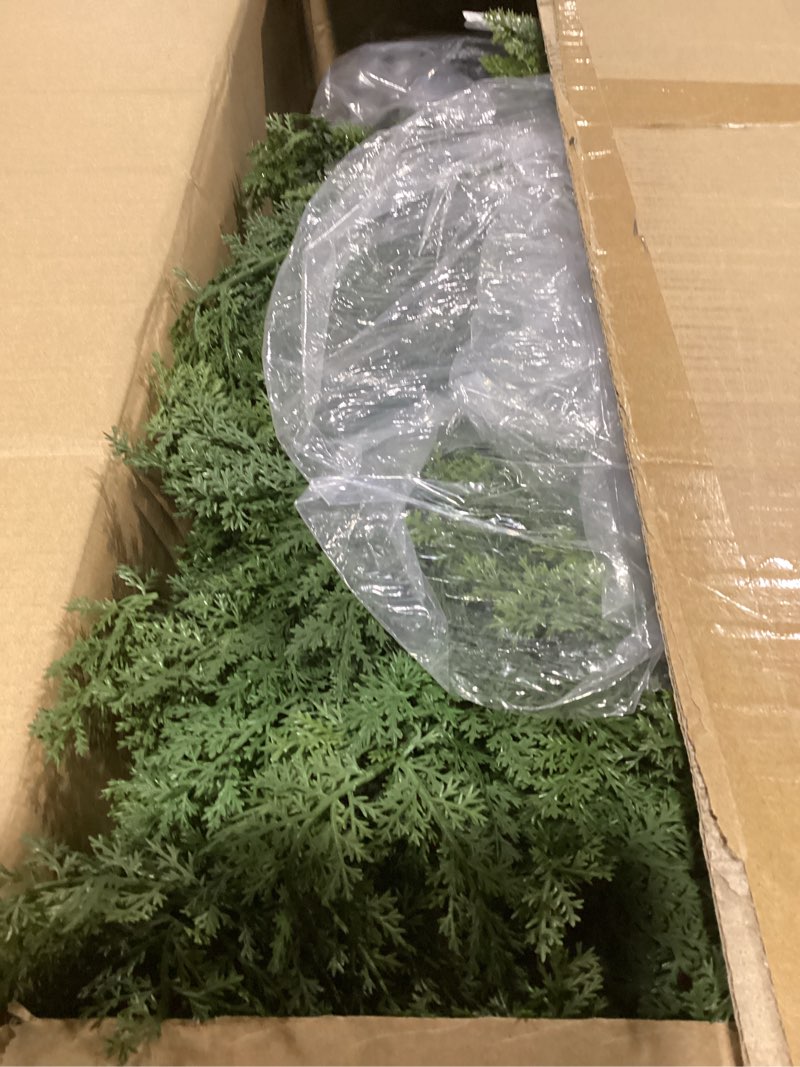 Condition photo showing As Is for 6ft artificial cedar topiary trees, set of 2 realistic outdoor indoor fake potted plants with planter, uv resistant for porch, garden, balcony, patio & office decor