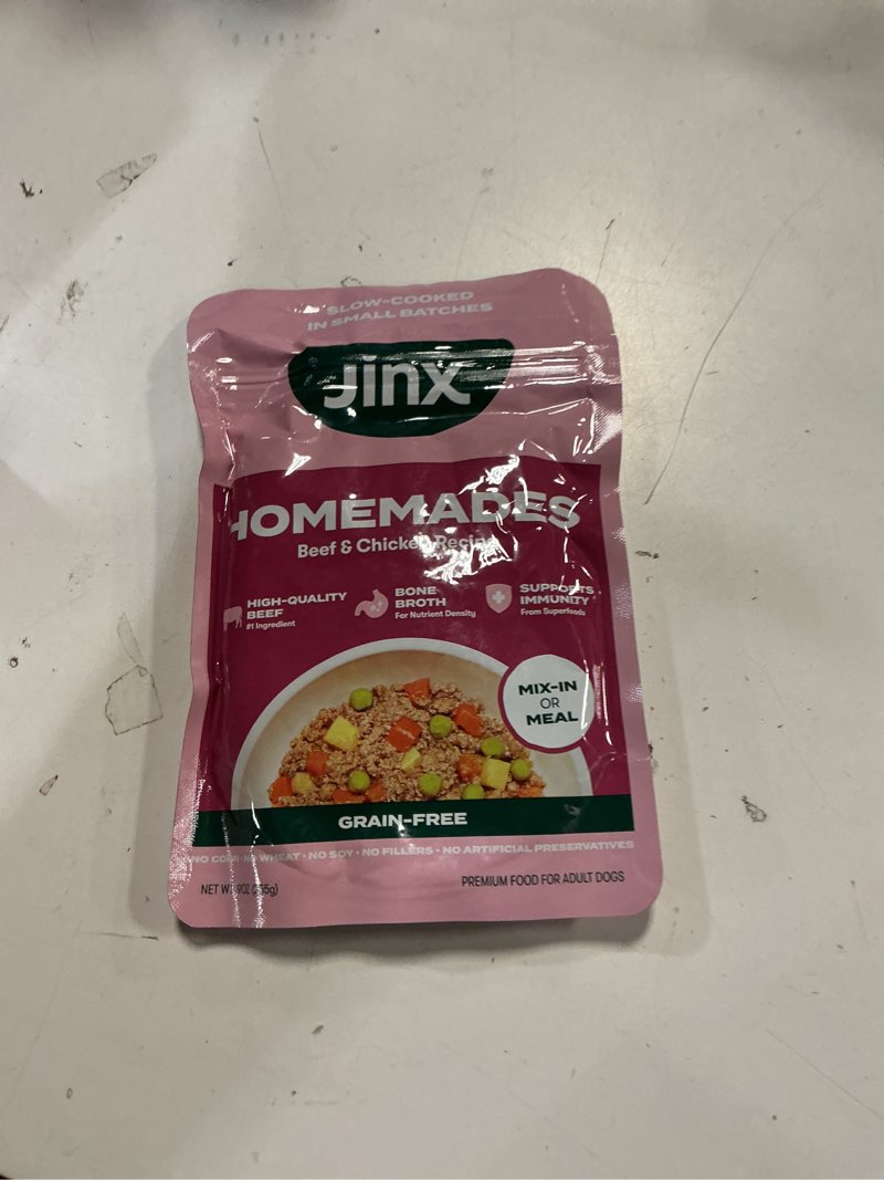 Condition photo showing New/Like New for ( BEST BY 08/22/29027)Jinx Beef & Chicken Grain Free Wet Dog Food Pouches, Meal or Dog Food Topper Mix-in, Made with Real Beef & Chicken, Bone Broth, No Fillers - Puppy, Adult, Senior, 9oz, 6 Pack Beef & Chicken 9 Ounce (Pack of 6)