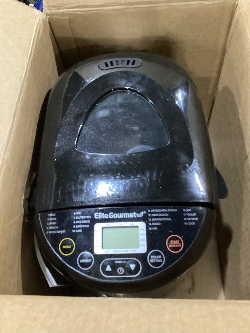 Condition photo showing As Is for Not tested!!! Elite Gourmet Programmable Bread Maker, 2 lb Loaf, 3 Sizes, 19 Presets incl. Gluten-Free, Dough & Jam, Delay Timer, Black