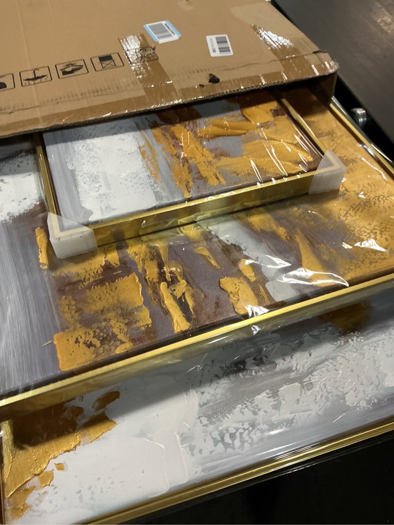 Condition photo showing As Is for Hand Painted Abstract Canvas Wall Art for Living Room,Large Framed Gold Oil Painting For Bedroom, 3 pcs Wall Painting for Office Wall Décor 24" x 64"