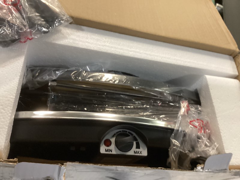 Condition photo showing Good Condition for Electric Raclette BBQ Grill with Fondue Pot Sets, Portable Korean Table Grill Electric Indoor Cheese Raclette, Dual Adjustable Thermostats, 8 People Serve Perfect for Parties and Family Fun Silver