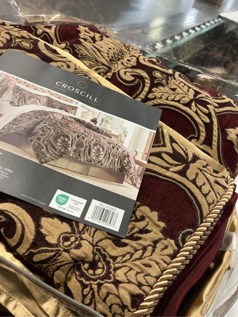 Condition photo showing As Is for Croscill Cal King Comforter Set, Luxe Chenille Jacquard Damask, Soft Microfiber Twill Comforter, Oversized Comforter Cal King Bedding, Shams & Bedskirt, Julius, Cal King, Burgundy California King Burgundy