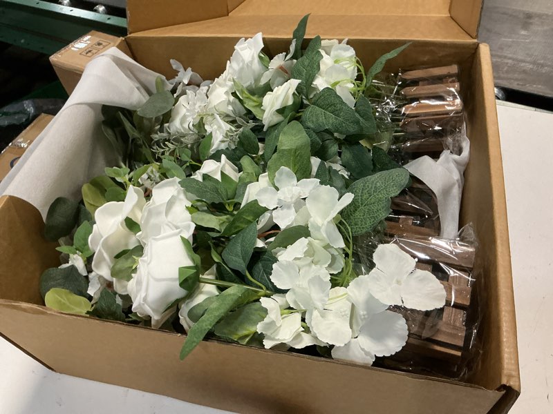 Condition photo showing New/Like New for ling's moment 17.5" tall standing artificial flowers arrangements 4 pcs wedding aisle runner chair decorations white sage centerpieces for ceremony reception rose floral party outdoor decor wht-white & sage