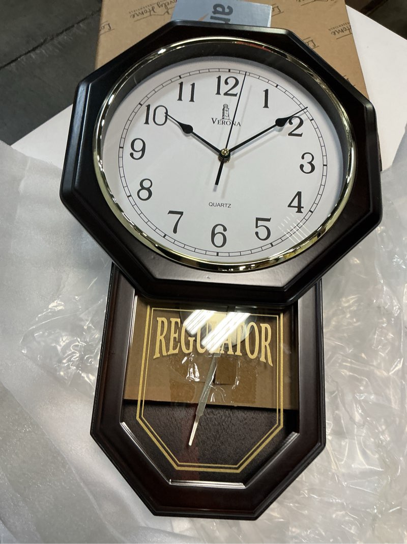 Condition photo showing Good Condition for Pendulum Wall Clock - Real Wood Regulator Clock - Schoolhouse Design - Quiet, Non-Chiming, Wooden & Battery Operated - Decorative Wall Decor for Living Room, Home, Office 18x11 Dark Wood