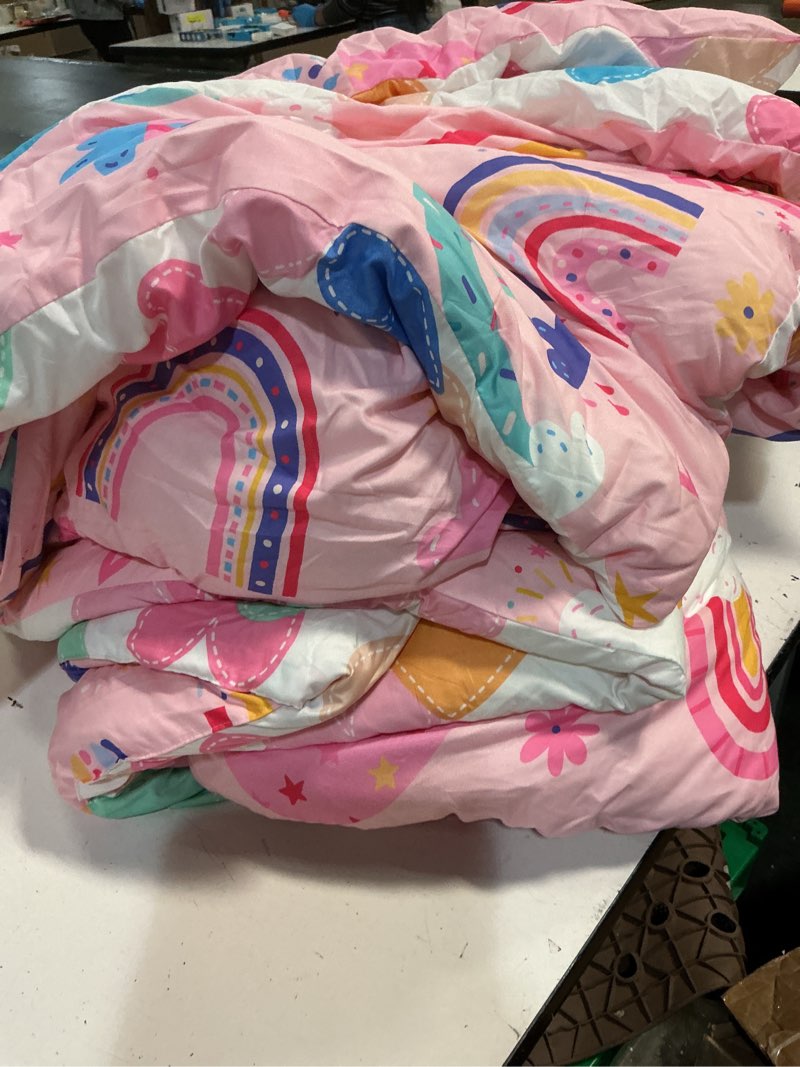Condition photo showing As Is for wake in cloud - unicorn bedding set for girls, colorful unicorn castle rainbow, soft lightweight comforter set with sheets, 5 pieces kids bed in a bag, purple, twin size twin purple