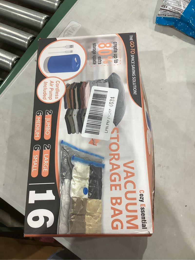 Condition photo showing Good Condition for Cozy Essential 16 Pack Travel Vacuum Storage Bags with Rechargeable Wireless Electric Pump for Luggage, Suitcase, Carry-on Size Vacuum Seal Compression Space Saver Bags for Clothes and Clothing Travel 16 Pack-E