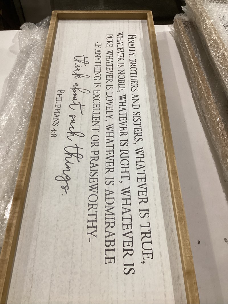 Condition photo showing As Is for Welcome To Our Beautiful Chaos Sign: Framed Wood Wall Decor 32x12 Inch, Rustic Farmhouse Hanging Art for Living Room, Entryway, Bedroom Natural Frame 32 Welcome to Beautiful Chaos like item saying is different 