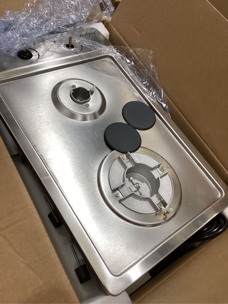 Condition photo showing As Is for 12 inch gas cooktop, 2 burners built-in gas stovetop stainless steel gas stove top propane/natural gas convertible sealed gas cooktop for rvs, apartments, outdoor