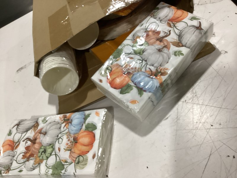 Condition photo showing New/Like New for sinmoe 400 pcs fall party supplies dinnerware for 50 guest autumn paper plate and napkin cup knife spoon autumn pumpkin leaves harvest disposable thanksgiving party tableware(light orange,pumpkins) light orange pumpkins
