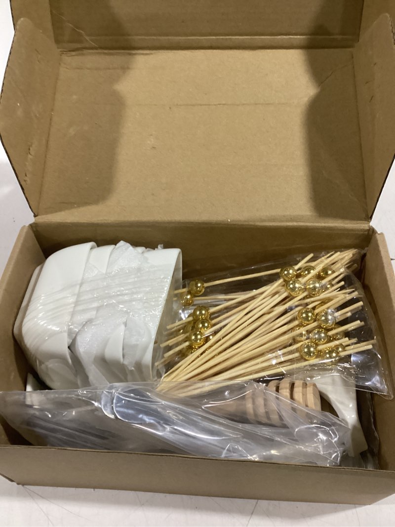 Condition photo showing Good Condition for Charcuterie Board Accessories With 3 Oz Ceramic Dip Bowls, Wooden Handle Silver Cheese Spreader Butter Knive Set Kit, Mini Tongs, Spoons, Forks,Honey Dipper, Cocktail Picks Sivler