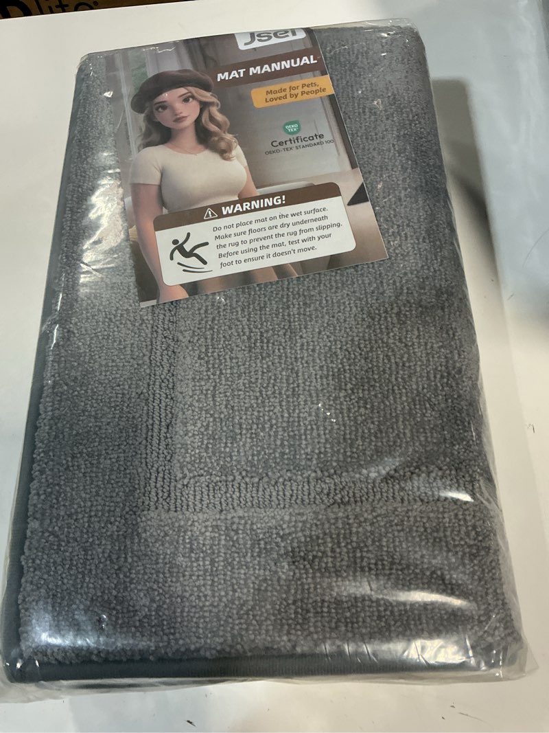 Condition photo showing New/Like New for JSEI Non-Slip Bathroom Rugs, Self Adhesive No Sliding Bath Rugs Set of 2, Machine Washable Absorbent Bath Mat Set for Tub Shower & Single Sink 20”x32”+20”x48”, Light Grey, Rectangular Pattern Light Grey 20''x32''+20''x48''(Rectangular Pattern)