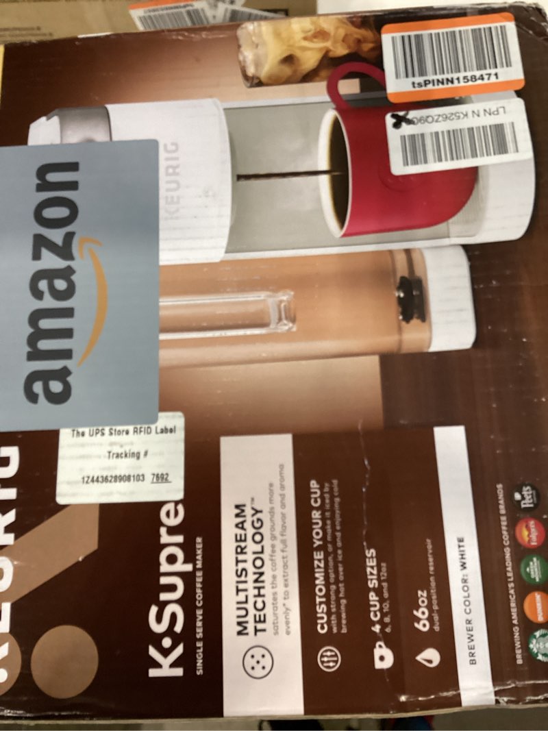 Condition photo showing As Is for keurig k-supreme single serve k-cup pod coffee maker, multistream technology, 4 brew sizes, 66oz dual-position removable reservoir, white white coffee maker