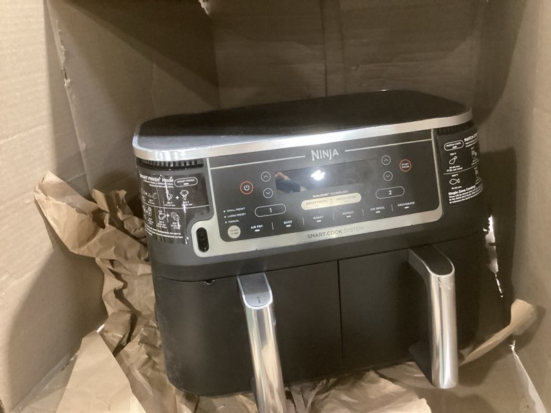 Condition photo showing As Is for Ninja DZ550 Foodi 10 Quart 6-in-1 DualZone Smart XL Air Fryer with 2 Independent Baskets, Smart Cook Thermometer for Perfect Doneness, Match Cook & Smart Finish to Roast, Dehydrate & More, BLACK