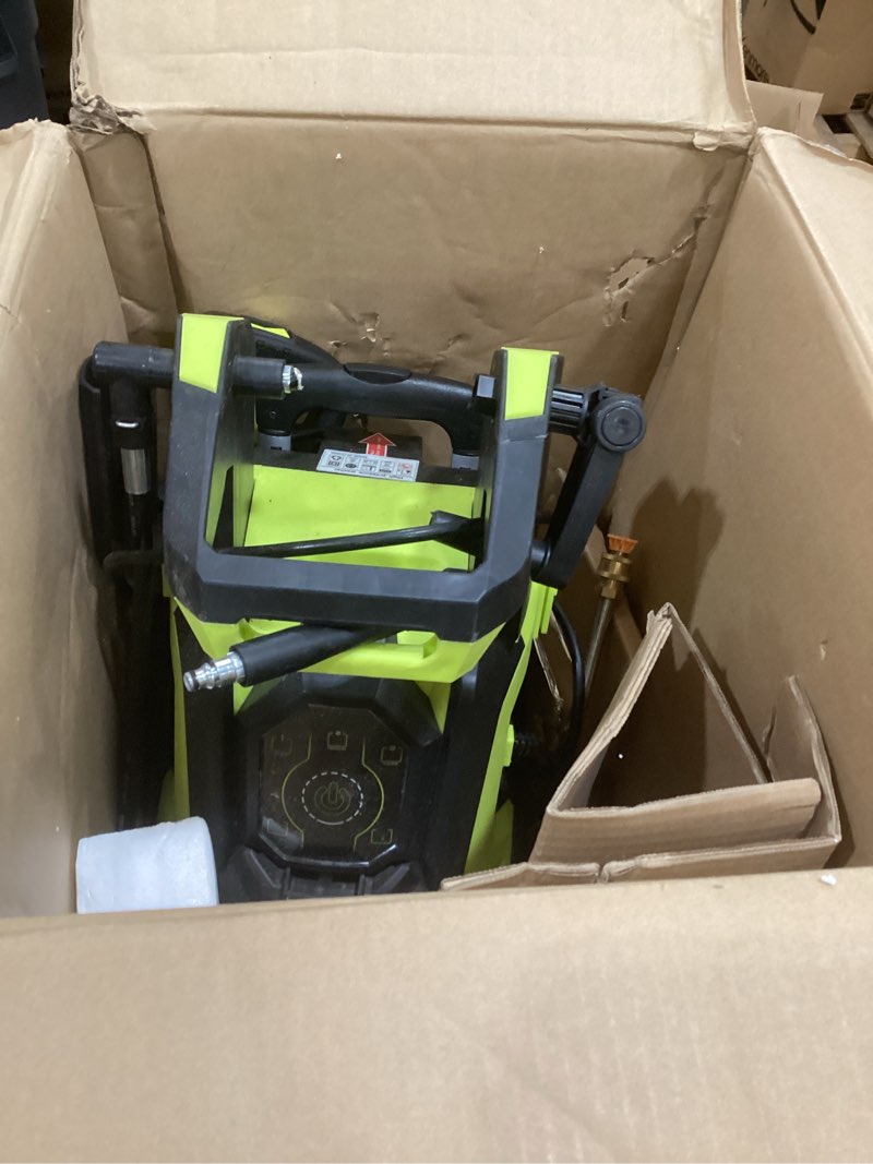 Condition photo showing As Is for westinghouse wpx3400e electric pressure washer, 3400 max psi and 2.0 max gpm, brushless motor, onboard soap tank, spray gun and wand, 5 nozzle set, for cars/fences/driveways/homes/patios/furniture