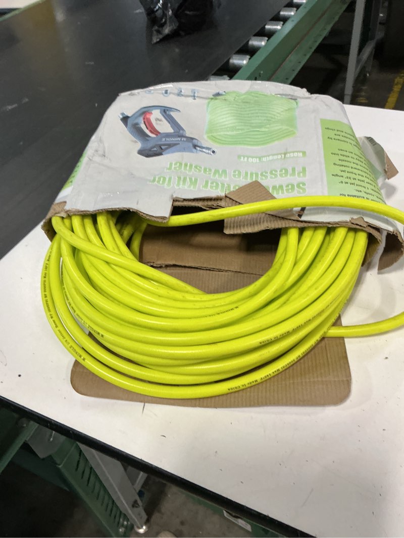 Condition photo showing As Is for m mingle sewer jetter kit for pressure washer 100 ft, drain cleaner hose with power washer gun, 1/4 inch npt corner rotating and button nose sewer jetting nozzle, orifice 4.0, 4.5 100 ft yellow