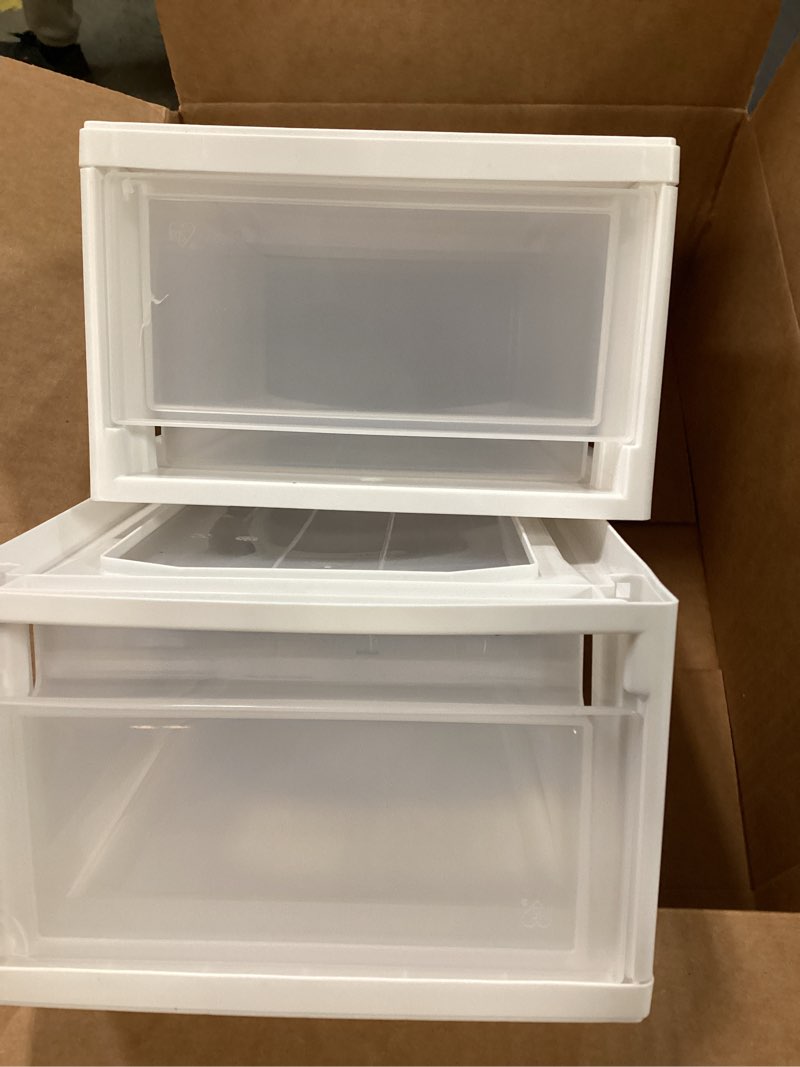 Condition photo showing Good Condition for IRIS USA 6 Qt. Plastic Drawer Storage Organizer Stacking Drawers, 2-Pack, Stackable Unit with Sliding Drawer for Bedroom Kitchen Under Sink Pantry Craft Room Bathroom Dorm Office, White 2 Pack 6 Qt.