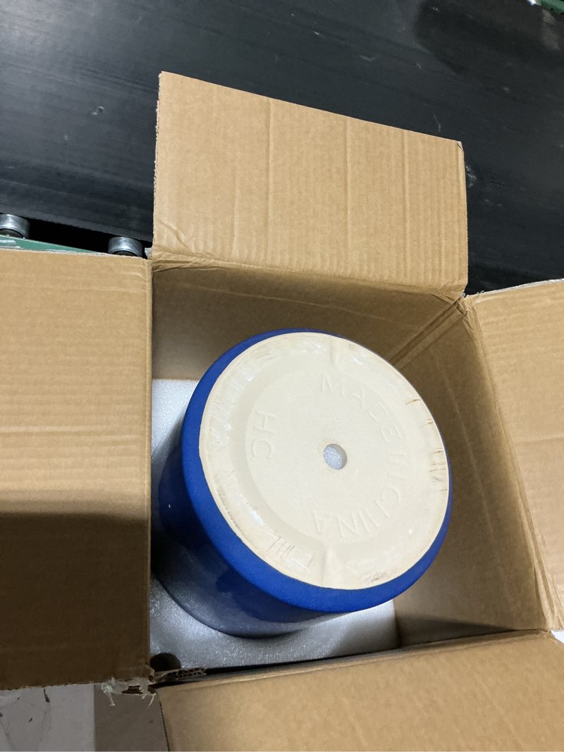Condition photo showing Good Condition for le tauci ceramic plant pots indoor, 10+8+6 inch planters for indoor plants, mid-century modern flower pots with drainage hole and plug, cylinder round planters, set of 3, sapphire blue sapphire blue mid-century modern
