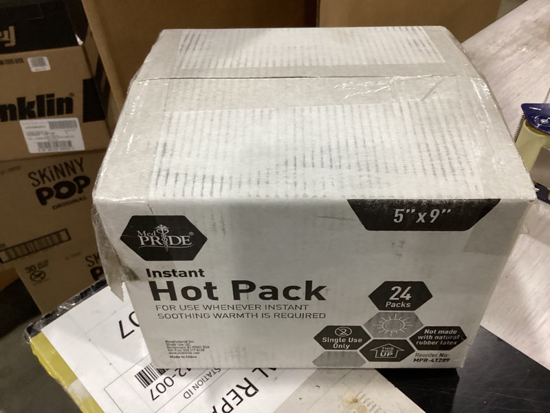 Condition photo showing New/Like New for med pride instant hot packs disposable for pain relief, activates instantly, 5in x 9in (24-pack), includes 3 fabric wraps