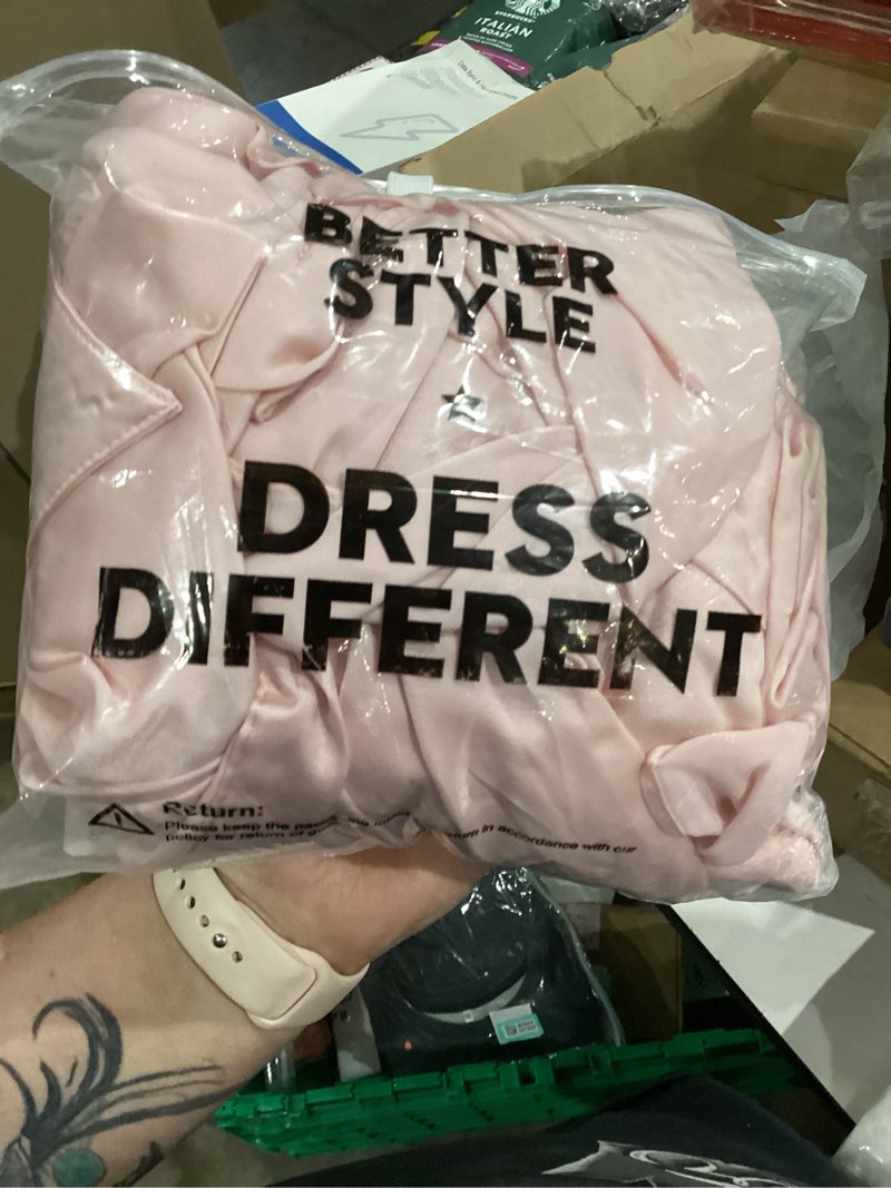 Condition photo showing Good Condition for Women Elegant Satin Button Down Short Sleeve Maxi Shirt Dress with Belt Medium 01-pink