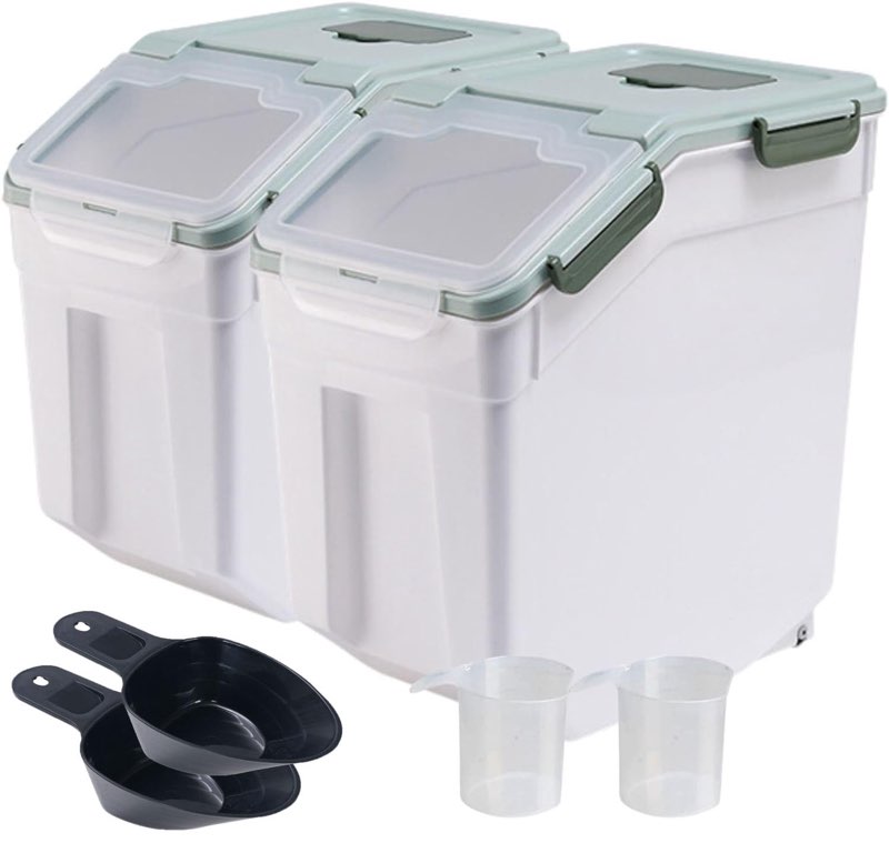 Airtight Flour Storage Container 25 lb Rice Storage Container with Wheels Seal Locking Lid, Food Containers with Measuring Cup& Scoop for Flour, Rice, Grain, Gray, 2Pack