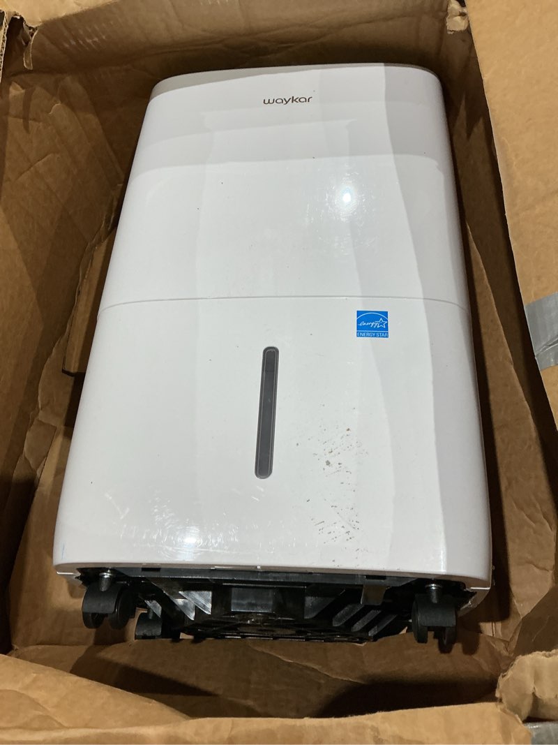 Condition photo showing As Is for waykar 80 pints 2025 energy star dehumidifier for spaces up to 5,000 sq. ft for basement and home, large room with drain hose and 1.14 gallons water tank 80 pints 5000 sq. ft