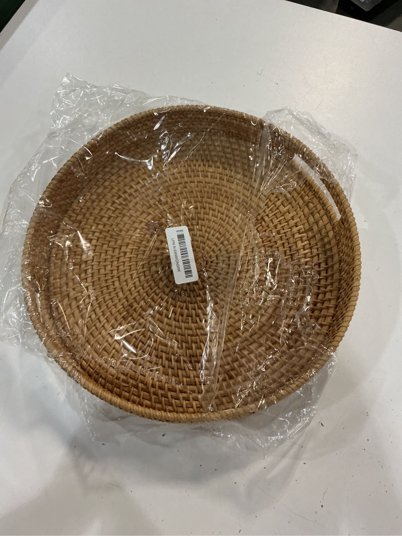 Condition photo showing Good Condition for coffee table tray round rattan ottoman tray woven serving trays with handles for home and kitchen decorative natural (large 14 inch x 2.4 inch) 14" natural