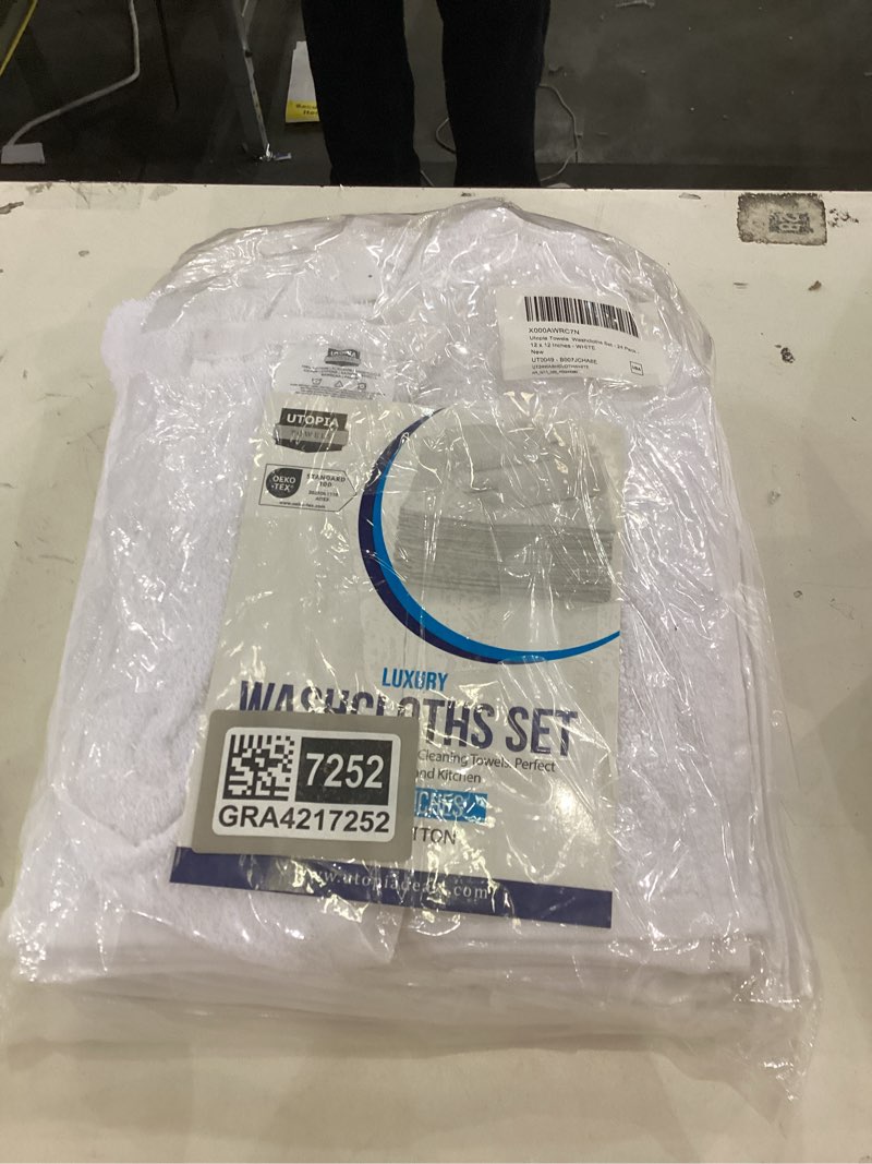 Condition photo showing As Is for Utopia Towels 24 Pack Cotton Washcloths Set, 100% Ring Spun Cotton, Premium Quality Flannel Face Cloths, Highly Absorbent and Soft Feel Fingertip Towels, White White 24