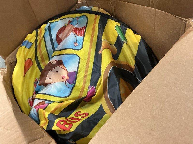 Condition photo showing As Is for pop up tent for kids:school bus tent,kids pop up tent indoor|outdoor,pop up play tent for kids,without installation,suitable for 2-3 children&for ages 3+,school bus toy for boys and girls