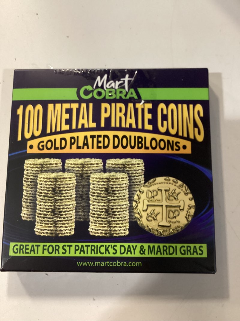 Condition photo showing New/Like New for Pirate Coins Metal Gold Coins for Kids - 100 Pieces - St Patrick St Patty Day Leprechaun Fantasy Board Game Toy Doubloons Loot Tokens Monedas De Oro Pirate Props Chest Poker Set Bulk Money Medallion [100 Metal Pirate Coins]