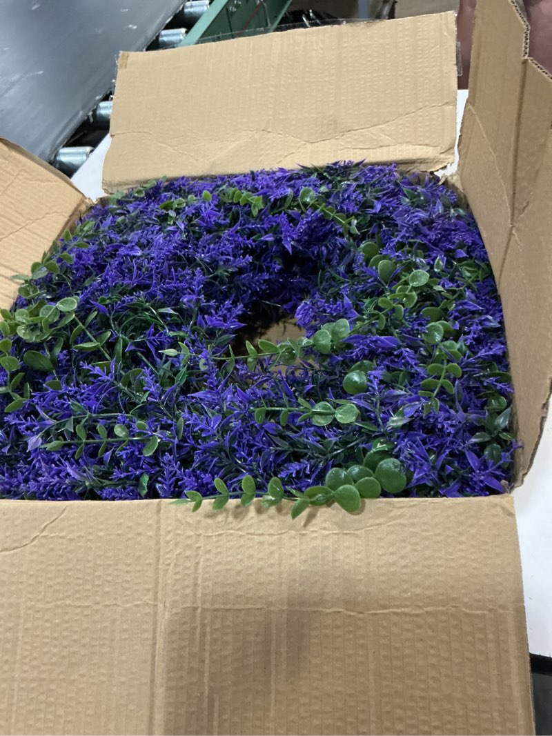 Condition photo showing Good Condition for 26" eucalyptus lavender wreath for front door, large full purple artificial lavender wreath for outdoor covered porch, window, farmhouse wall decor, spring summer all seasons