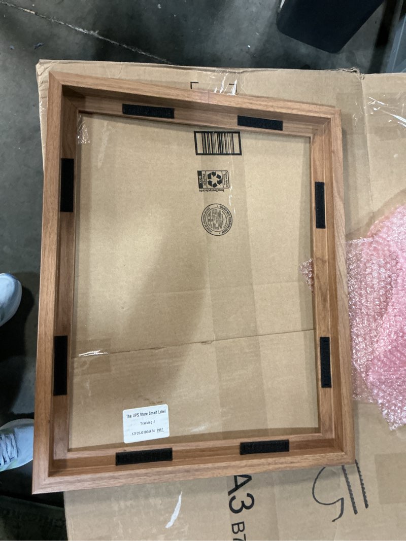 Condition photo showing As Is for mcs canvas float frames 16x20 frame, walnut woodgrain for finished canvases, vertical & horizontal wall hanging large with adhesive for canvas paintings (1-pack)