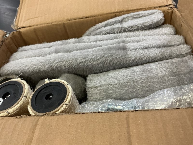 Condition photo showing As Is for cat tree 32 inches small cat tower with large hammock dia 15.7”,self groomer, fully scratching post, removable top bed and wide hideway condo for indoor cats-gray medium-32" gray