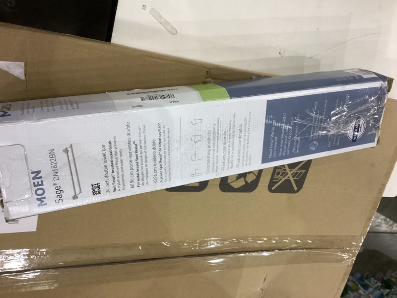 Condition photo showing As Is for Moen Sage Collection Spot Resist Brushed Nickel 24-Inch Double Bathroom Towel Bar, Wall Mounted Bath Hanger with Two Rods, DN6822BN Brushed Nickel 24" Double Bar