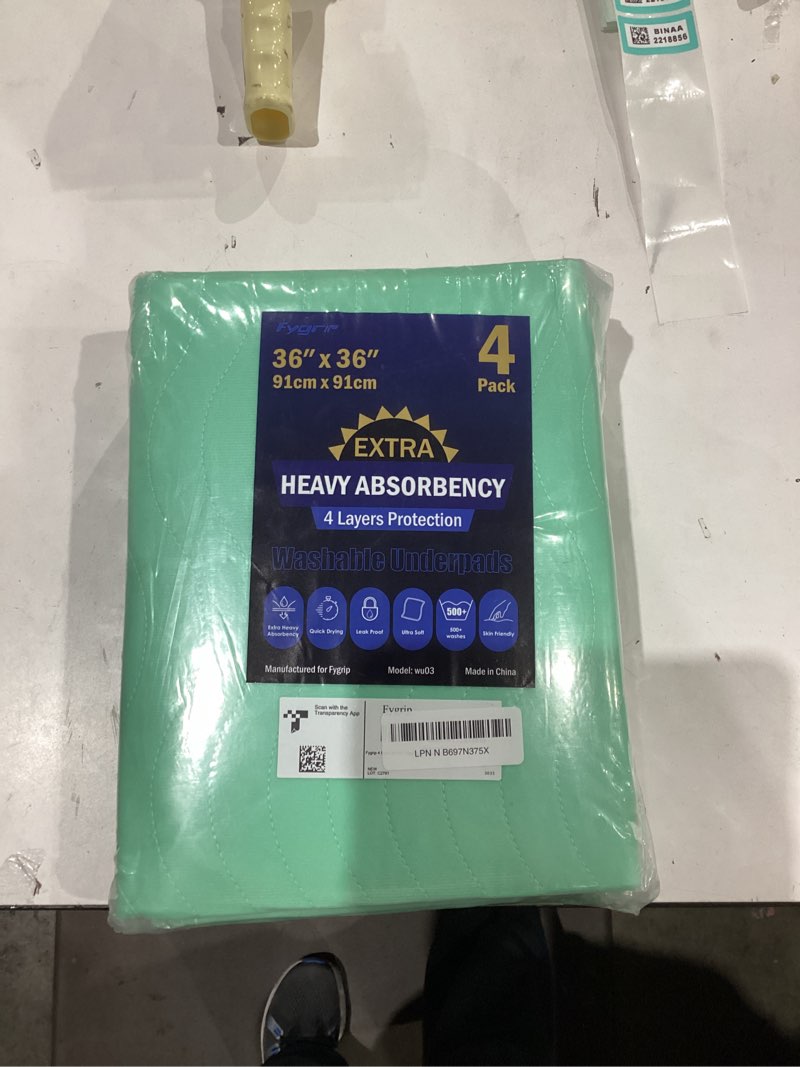 Condition photo showing Good Condition for 4 Pack 36” x 36” Extra Heavy Absorbency Washable Underpads, Waterproof Quick Drying Nursing Incontinence Reusable Washable Bed Pee Pads for Dogs, Diaper Changing & Adults, Green 4 Pack - 36" x 36"