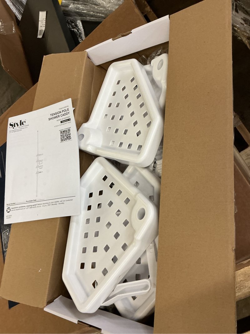 Condition photo showing As Is for Style Selections White Steel 4-Shelf Tension shower shelf 