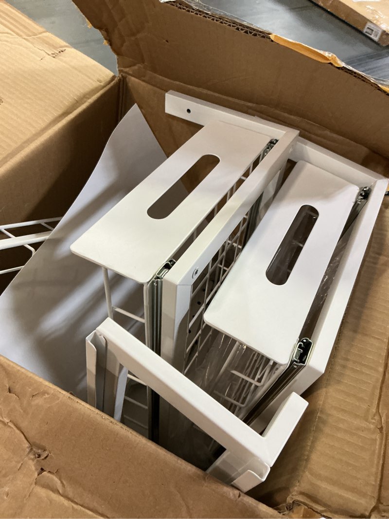 Condition photo showing As Is for Under Sink Organizer and Storage, Height Adjustable Cabinet Organizer with Slide Out Drawer, Pull Out Under Sink Storage, Multi-Purpose 2 Tier Sink Shelves for Kitchen Bathroom Pantry (White, 1 Pack) White 1 Pack