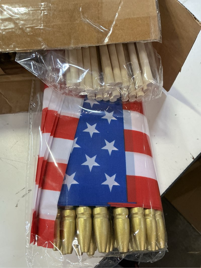 Condition photo showing New/Like New for wovweave 150 pcs american flag on sticks 12 x 18 inch us flags in bulk handheld american flags with spear top for 4th of july party event memorial day decorations
