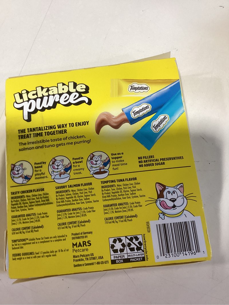 Condition photo showing New/Like New for Temptations Creamy Puree Variety Pack of Squeezable Cat Treats, 0.42 oz. Tubes, 24 Count Chicken, Salmon, & Tuna Variety Pack 24 Count (Pack of 1)