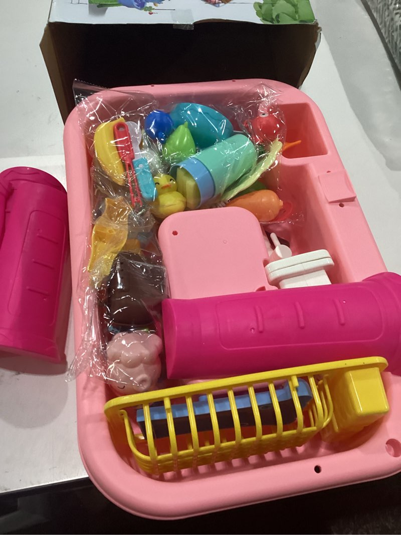 Condition photo showing New/Like New for 2027 upgraded 4-in-1 water table for toddlers 1-3, kids sensory table with electric water pump & faucet, kitchen play sink toys with food accessories, fishing toy pink
