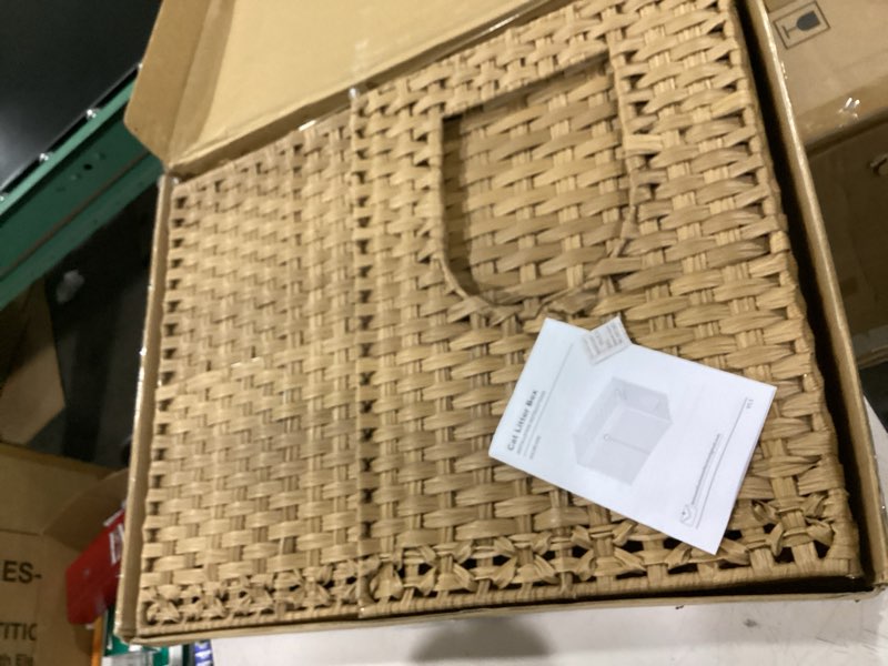 Condition photo showing Good Condition for cat litter box enclosure furniture, hidden litter box with mat and fence, handwoven rattan cat house with two s-shaped hooks for living room, bedroom, 18.5 x 20.5 x 19.1 inches (natural) natural medium