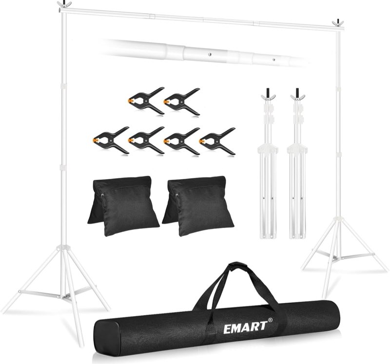 EMART Backdrop Stand 10x7ft(WxH) Photo Studio Adjustable Background Stand Support kit with 2 Crossbars, 6 Clamps, 2 Sandbags and Carry Bag for Parties, Events Decoration, Wedding, Photography -White 10x7ft White