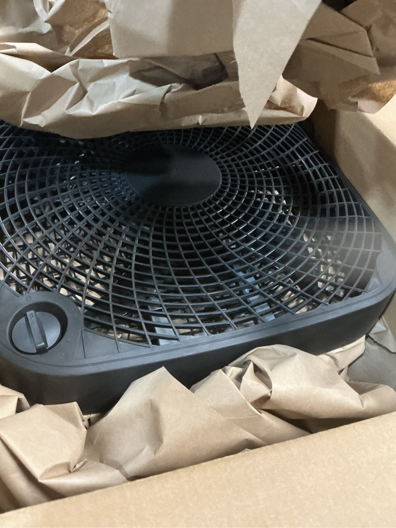 Condition photo showing As Is for Amazon Basics 3 Speed Box Fan, Indoor Electric Fan for Home Cooling, 5 Blades, Lightweight Design, 67 Watts, 20-Inch, Black, 6.8"D x 20.86"W x 21.33"H